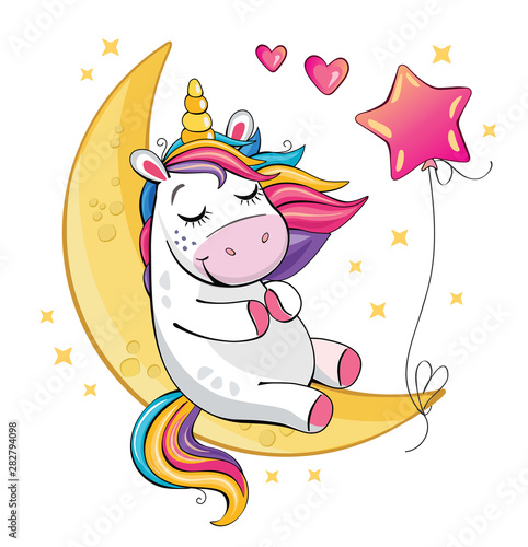 Fototapeta A cute funny unicorn is sitting on the moon and a pink balloon