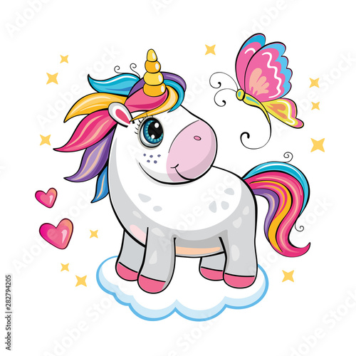 Photo Cartoon funny unicorn on a white background