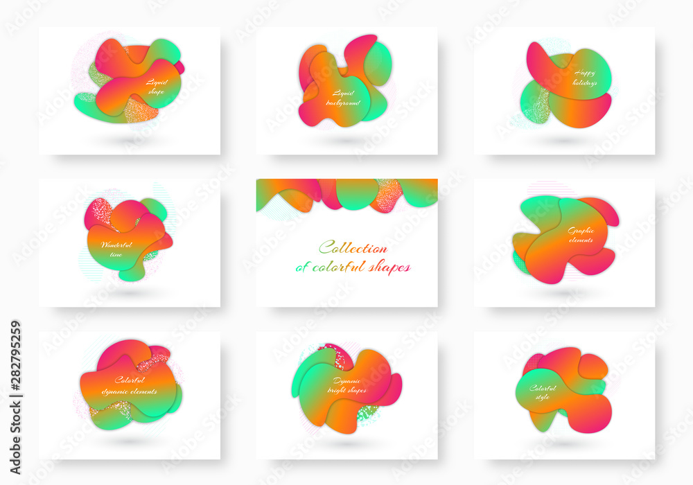 Set of multicolor flowing geometric shapes with a bright gradient for design in a dynamic style. Vector illustration