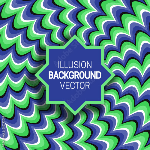 Octagram frame on green blue optical illusion background of rotating wavy stripes.