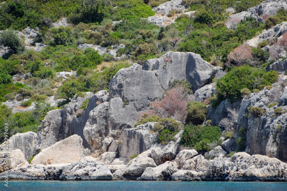 ruins of the ancient city of Kekova on the shore. ruins of the ancient city of Kekova on the shore.