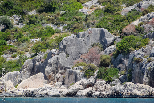 ruins of the ancient city of Kekova on the shore.