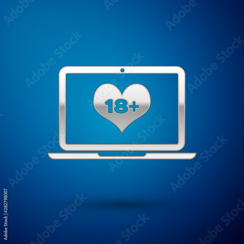 Silver Laptop computer with 18 plus content heart icon isolated on blue background. Age restriction symbol. 18 plus content sign. Adult channel. Vector Illustration