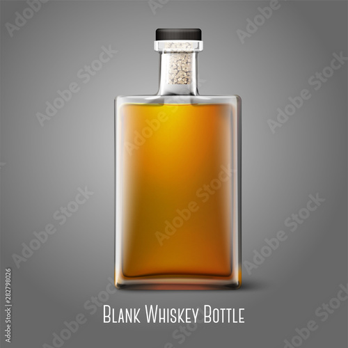 Blank realistic square whiskey bottle isolated on grey background with reflection. Place for your design and branding. Vector