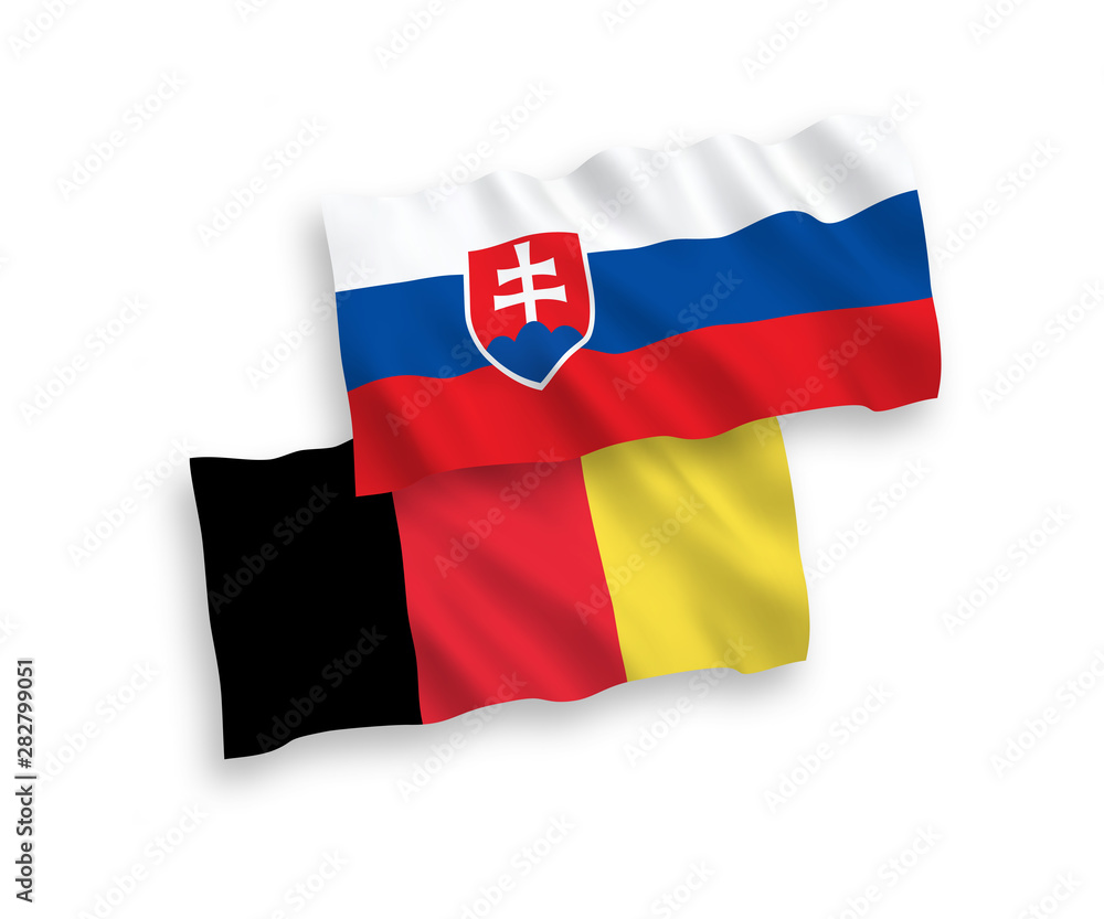 National vector fabric wave flags of Slovakia and Belgium isolated on white background. 1 to 2 proportion.