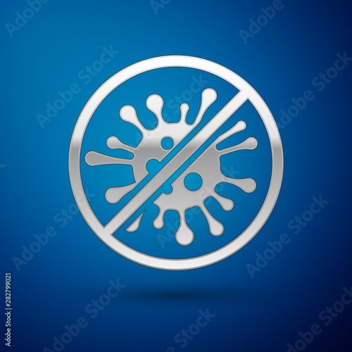 Silver Stop virus, bacteria, germs and microbe icon isolated on blue background. Antibacterial and antiviral defence, protection infection. Vector Illustration