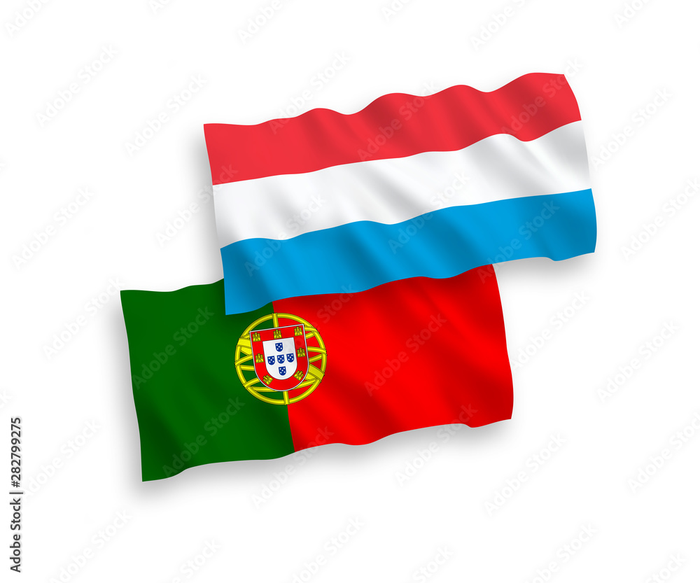 National vector fabric wave flags of Portugal and Luxembourg isolated on white background. 1 to 2 proportion.