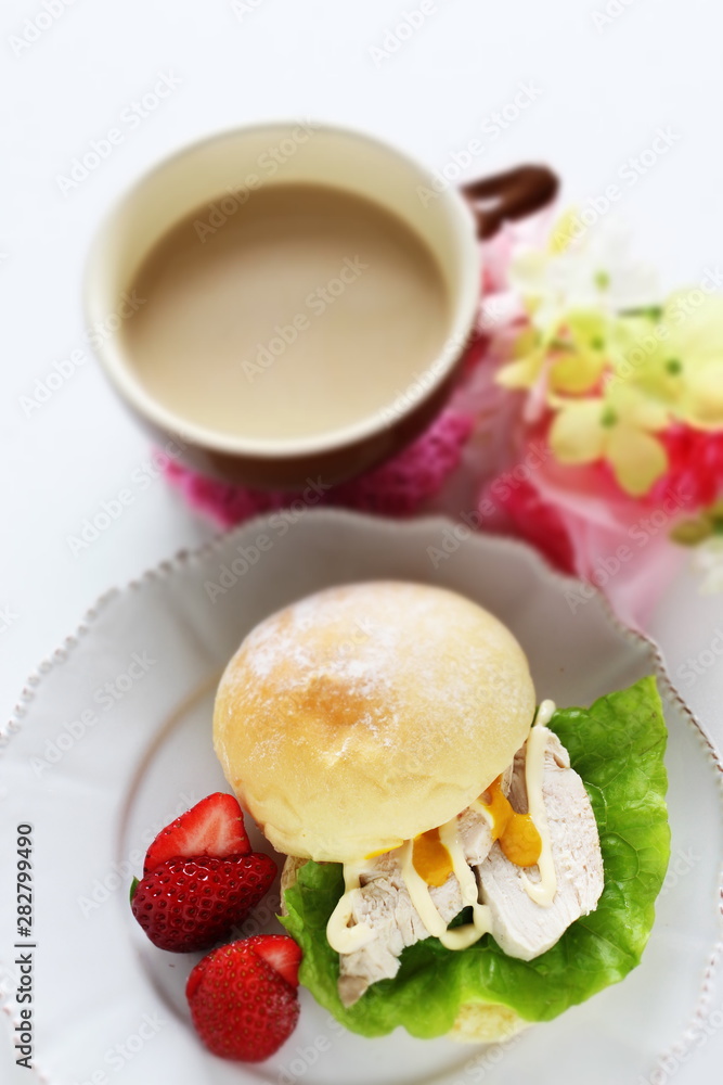 chicken and mustard sauce sandwich with milk tea chicken and mustard sauce sandwich with milk tea