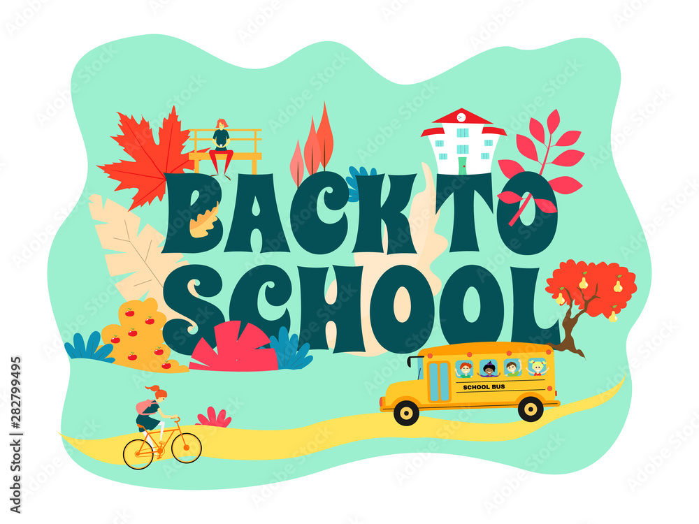 Back to school banner on a blue background. School bus rides on the road, the girl rides a bicycle. The girl on the bench. Colorful leaves. EPS 10 vector