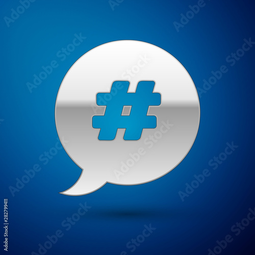Silver Hashtag speech bubble icon isolated on blue background. Concept of number sign, social media marketing, micro blogging. Vector Illustration