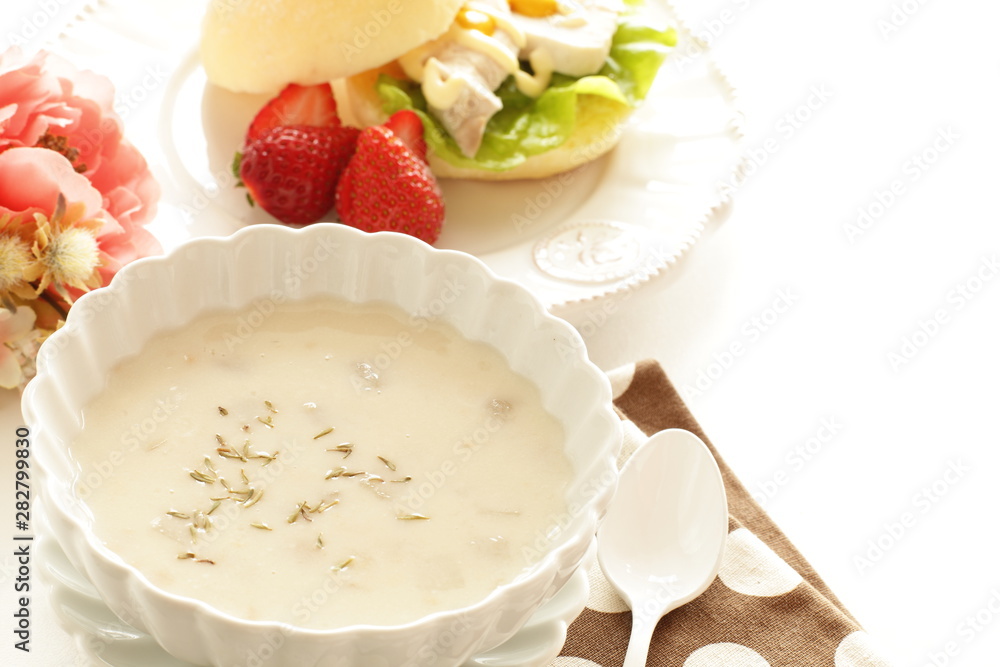 Homemade mushroom soup on white background Homemade mushroom soup on white background