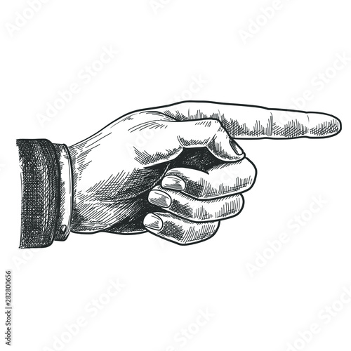 Vintage hand drawn arm with pointing finger isolated on white background. Pen and ink vector illustration.