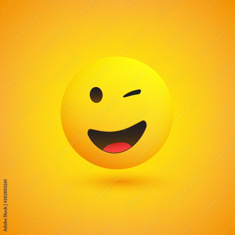 Fototapeta premium Uśmiechnięty i mrugający Emoji - prosty błyszczący szczęśliwy emotikon na żółtym tle - projekt wektor