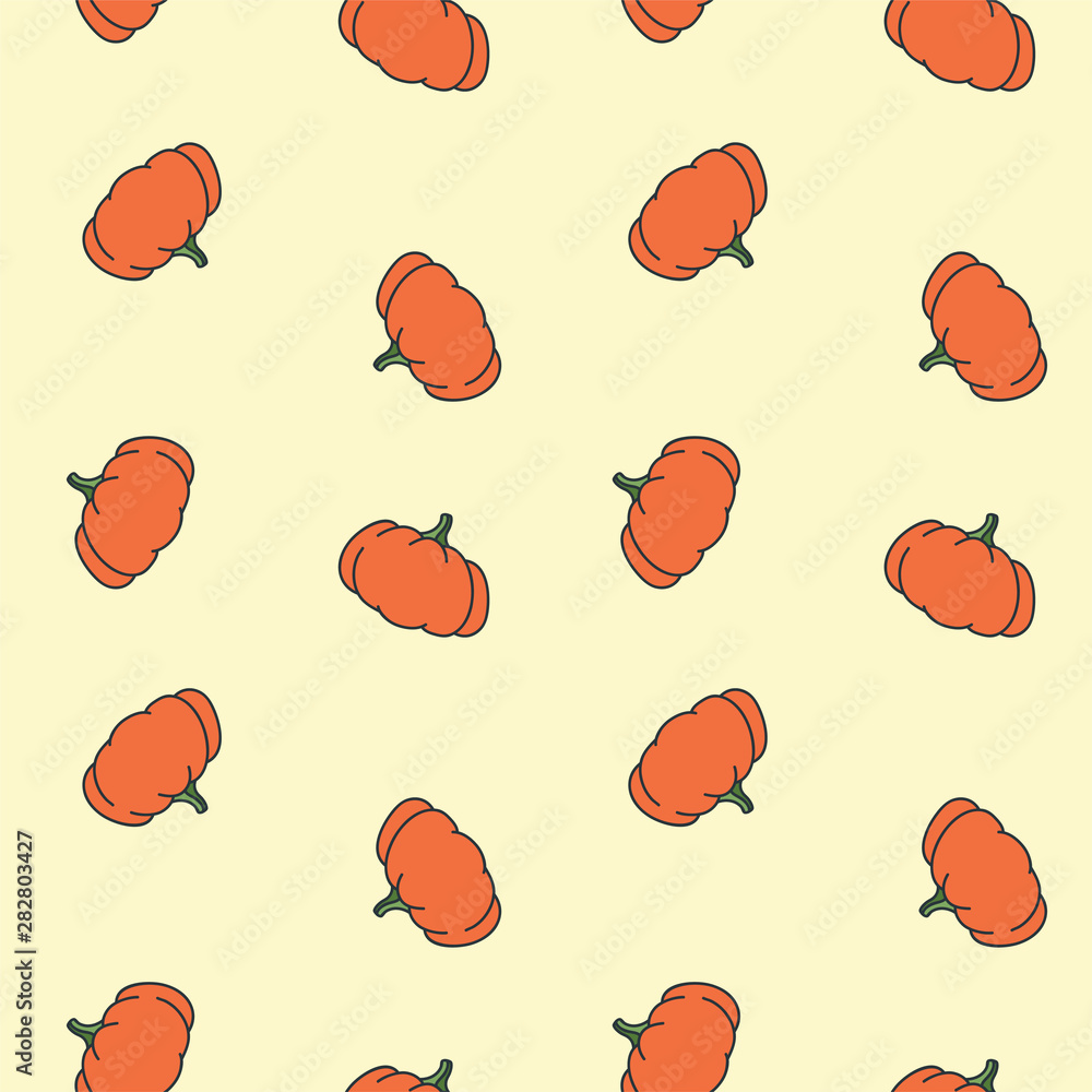 Seamless background with orange pumpkins on light yellow background. Vector 8 EPS.