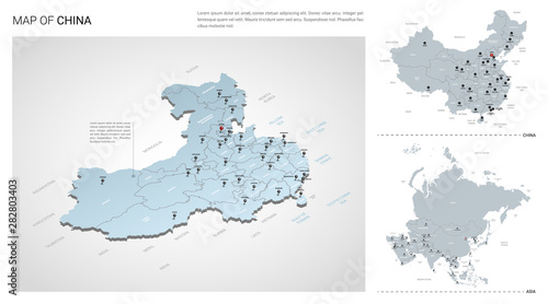 Vector set of China country. Isometric 3d map, China map, Asia map - with region, state names and city names.