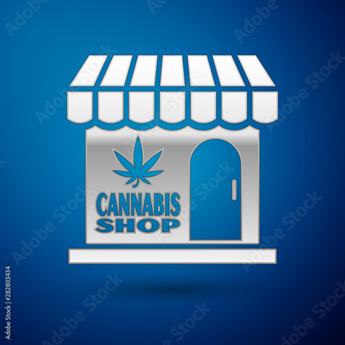 Silver Marijuana and cannabis store icon isolated on blue background. Equipment and accessories for smoking, storing medical cannabis. Vector Illustration