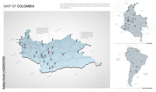 Vector set of Colombia country. Isometric 3d map, Colombia map, South America map - with region, state names and city names.