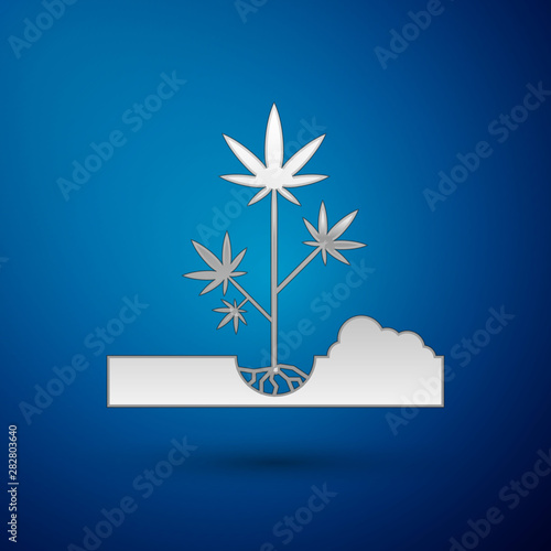 Silver Planting marijuana or cannabis plant in the ground icon isolated on blue background. Marijuana growing concept. Hemp symbol. Vector Illustration