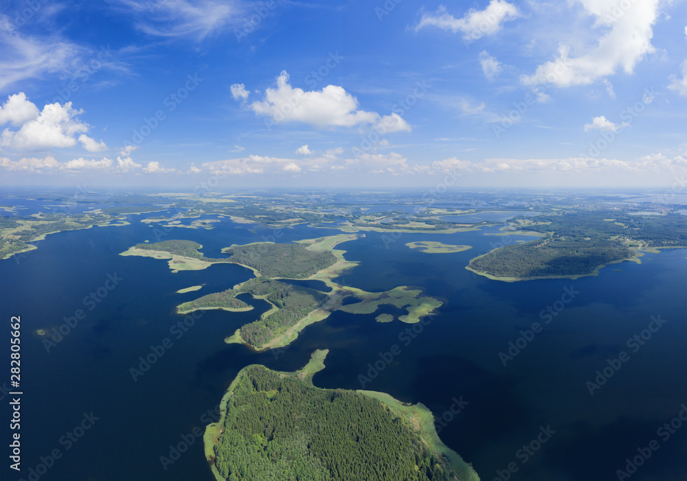 Beautiful aerial lake panorama. Braslaw national park