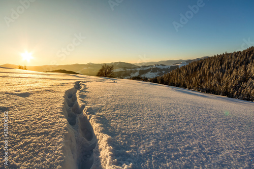 Beautiful winter Christmas landscape. Human footprint track path in crystal white deep snow through empty field  woody dark hills on horizon at sunrise on clear blue sky copy space background.