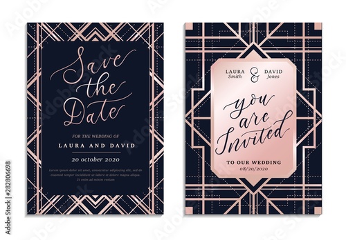 Save the date postcard vector illustration. Wedding invitation card on black texture, rose gold geometric lines and frame with you are invited message flat style concept. Place for text