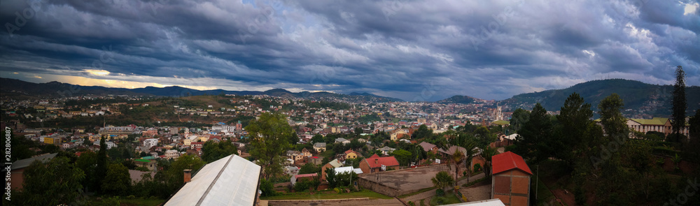 Aerial panoramic view to Fianarantsoa city at sunset , Madagascar