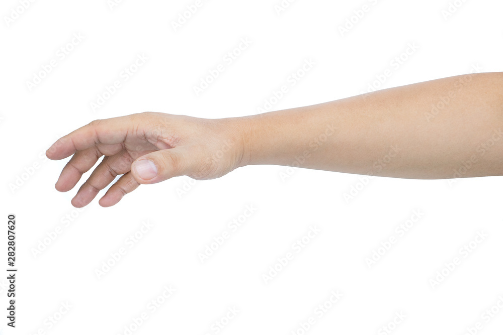 Hand and arm asian man or caucasian hand gestures hold or catching something empty or Hand signal isolated on white background