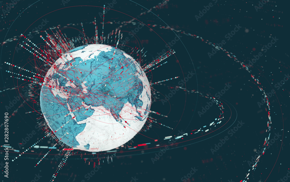 Obraz premium 3d data globe - abstract illustration of a scientific technology data network surrounding planet earth conveying connectivity, complexity and data flood of modern digital age