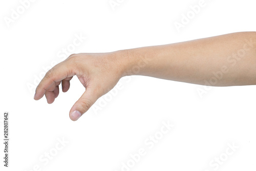 Hand and arm asian man or caucasian hand gestures hold or catching something empty or Hand signal isolated on white background