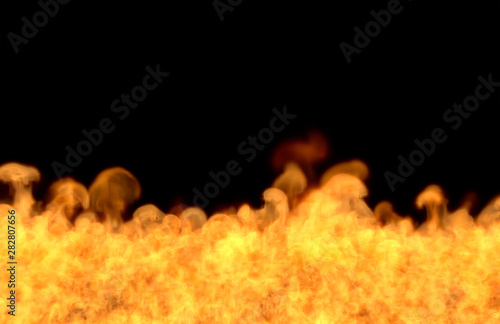 Flame from image bottom - fire 3D illustration of fantasy melting lava, sylized frame isolated on black background photo