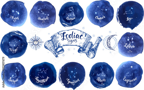 Collection of astrology signs on blue watercolor background