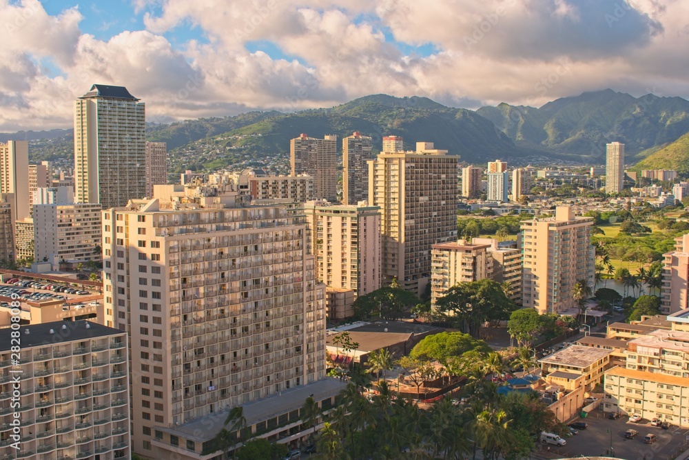 City view. View to Hotels, apartments and mountain range in Honolulu.