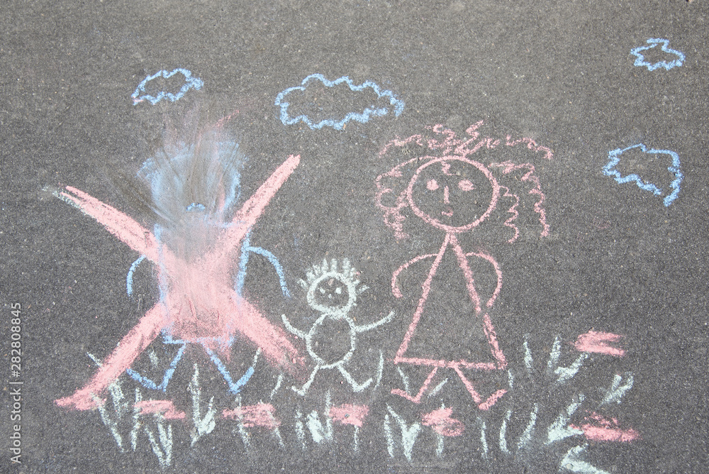Kids Chalk Drawing On Asphalt Stock Photo - Download Image Now