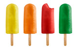 variety of fruits ice lolly with one bitten, isolated on white background