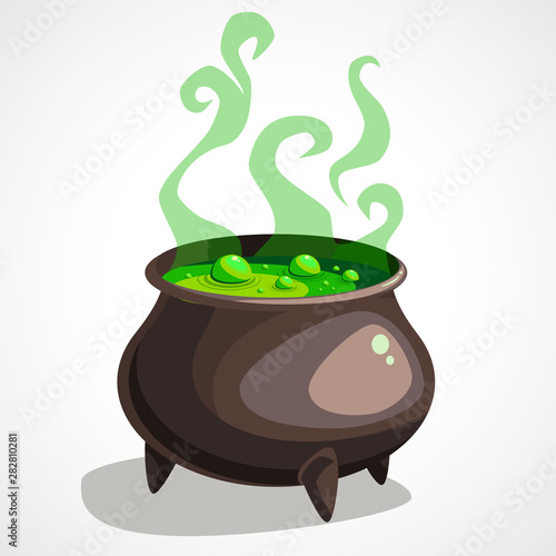 Cartoon witch cauldron with magic green potion and steam