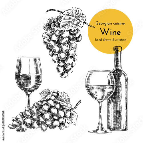 Set of wine illustrations. sketch bottle and glass of wine. hand drawn illustration of a vessel for wine, bunch of grapes