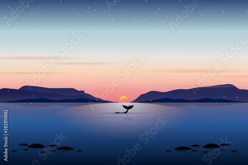 Landscape of silhouette whale with sunset sky background