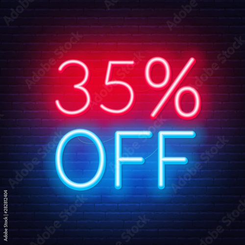 35 percent off neon lettering on brick wall background. Vector illustration