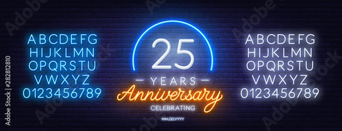 25 years anniversary neon sign on a dark background. Neon alphabet . Template for invitation or greeting card.