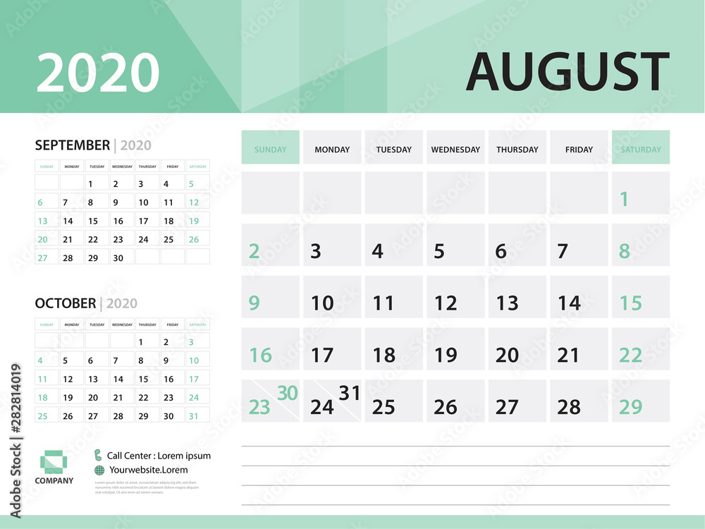 August 2020, Desk Calendar 2020 vector Design, green concept for business; Week Start On Sunday, Planner, Stationery, Printing, Size : 8 x 6 inch August 2020, Desk Calendar 2020 vector Design, green concept for business; Week Start On Sunday, Planner, Stationery, Printing, Size : 8 x 6 inch