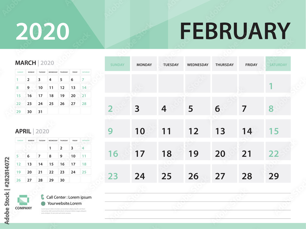 February 2020, Desk Calendar 2020 vector Design, green concept for business; Week Start On Sunday, Planner, Stationery, Printing, Size : 8 x 6 inch February 2020, Desk Calendar 2020 vector Design, green concept for business; Week Start On Sunday, Planner, Stationery, Printing, Size : 8 x 6 inch