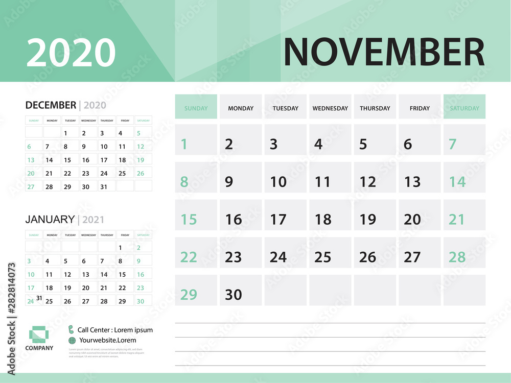 NOVEMBER 2020, Desk Calendar 2020 vector Design, green concept for business; Week Start On Sunday, Planner, Stationery, Printing, Size : 8 x 6 inch NOVEMBER 2020, Desk Calendar 2020 vector Design, green concept for business; Week Start On Sunday, Planner, Stationery, Printing, Size : 8 x 6 inch