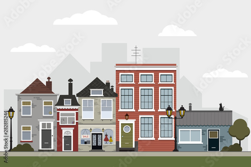 Retro sity. Town street flat vector with low-rise houses, commercial, public buildings in various architecture styles, sidewalk with city lights and road illustration. Vector stock illustration, EPS10