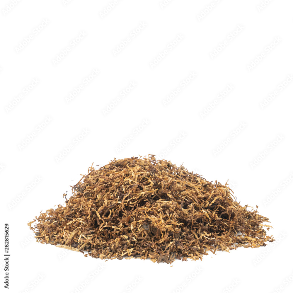 Pile of dried smoking tobacco isolated on a white background.copy space for text.no world tobacco day concept Pile of dried smoking tobacco isolated on a white background.copy space for text.no world tobacco day concept