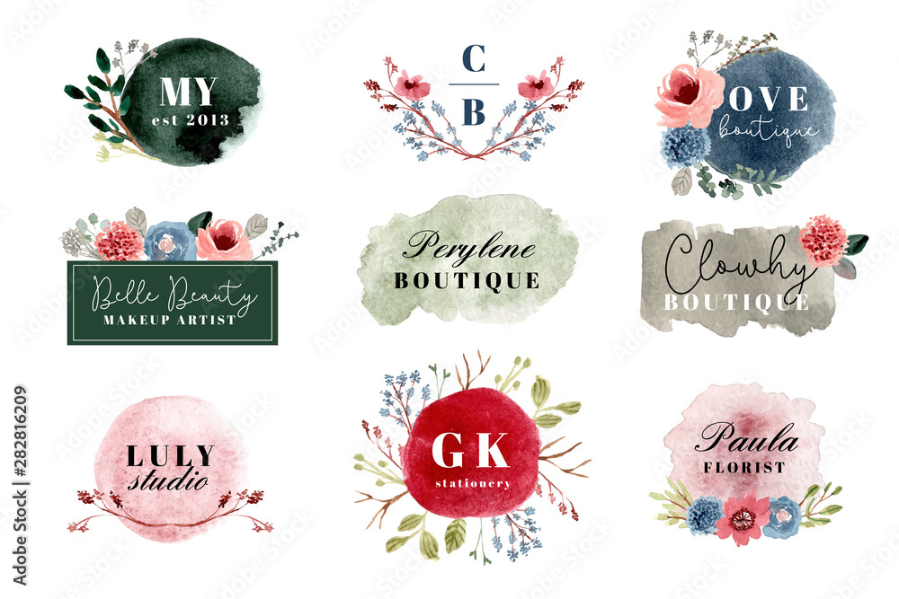 premade watercolor floral logo collection - obrazy, fototapety, plakaty 
