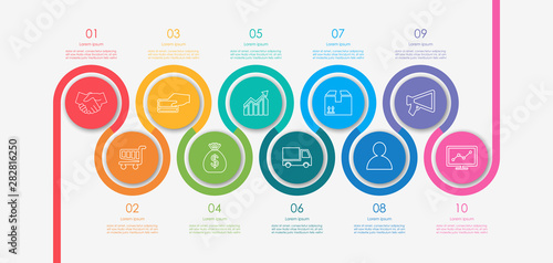 Abstract business infographics template with 10 circles on timeline diagrams in white color background