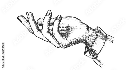Elegant Girl Hand Gesture Open Palm Vintage Vector. Reaches Out, Asking Or Help Communication Gesture. Female Gesturing Black And White Designed In Retro Style Closeup Cartoon Illustration