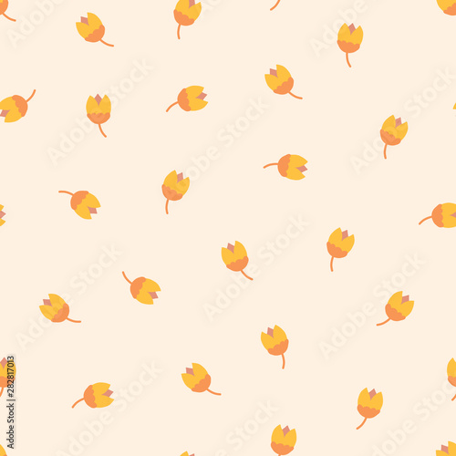 Scandinavian tulip flowers seamless vector pattern. Small folk florals repeating background. Scattered ditsy flowers yellow orange pink . Fabric, girls, nursery, page fill, packaging, digital paper.