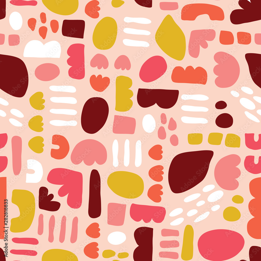 Contemporary Abstract shapes seamless vector pattern. Simple elements pink coral gold yellow white red background Scandinavian style. Modern happy kids print. Use for girl decor, fabric, packaging 