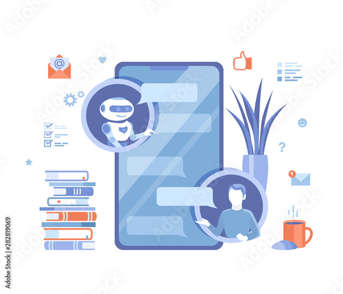 Chatbot, customer support, help services. Man chatting with chat bot by phone application. Artificial intelligence. Human asks questions, the robot responds to messages. Vector illustration on white 